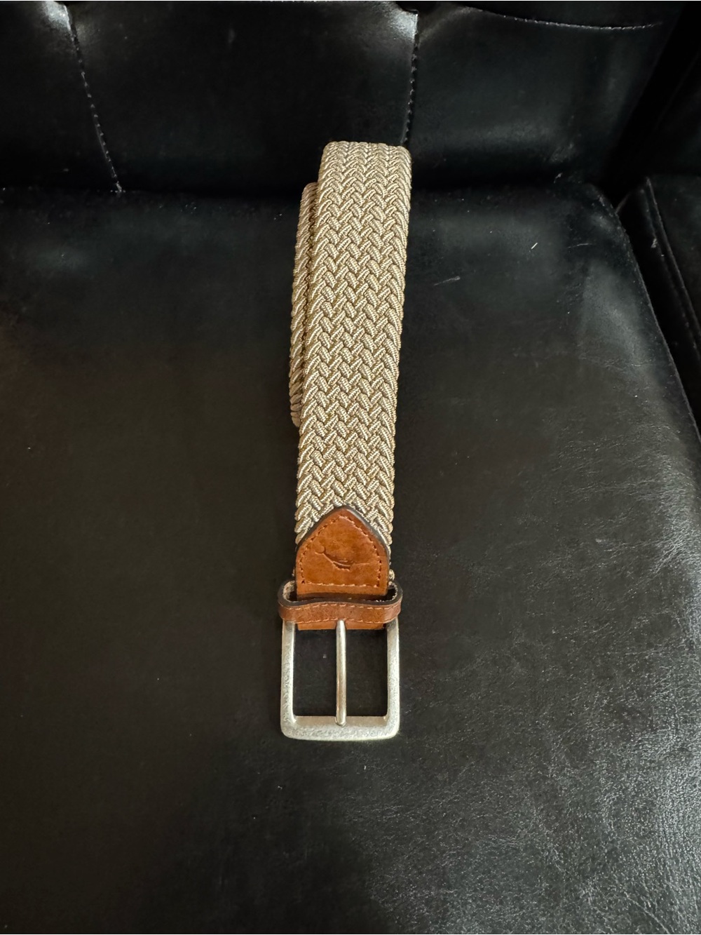 Tommy Bahama, Men's Woven Elastic Belt in Beige with Brown Leather Trim.